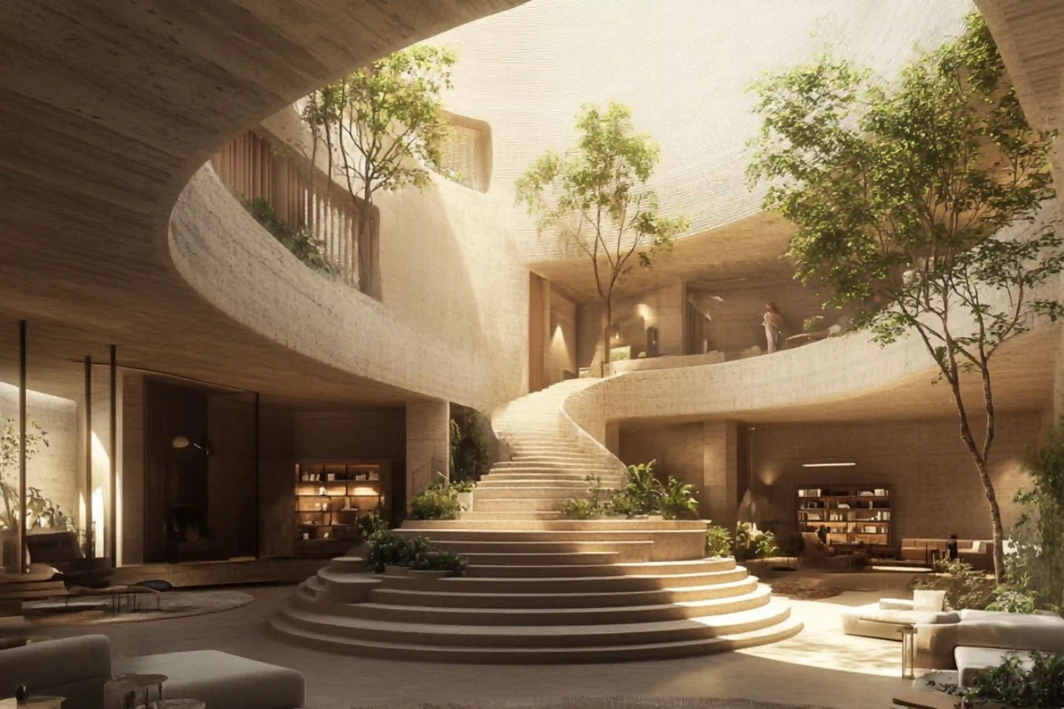Ziggurat Corporate Project - Multi-level curved atrium with central garden and natural sunlight - AiSpaces.webp
